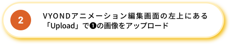 2.VYONDアニメーション編集画面の左上にある「Upload」で❶の画像をアップロード